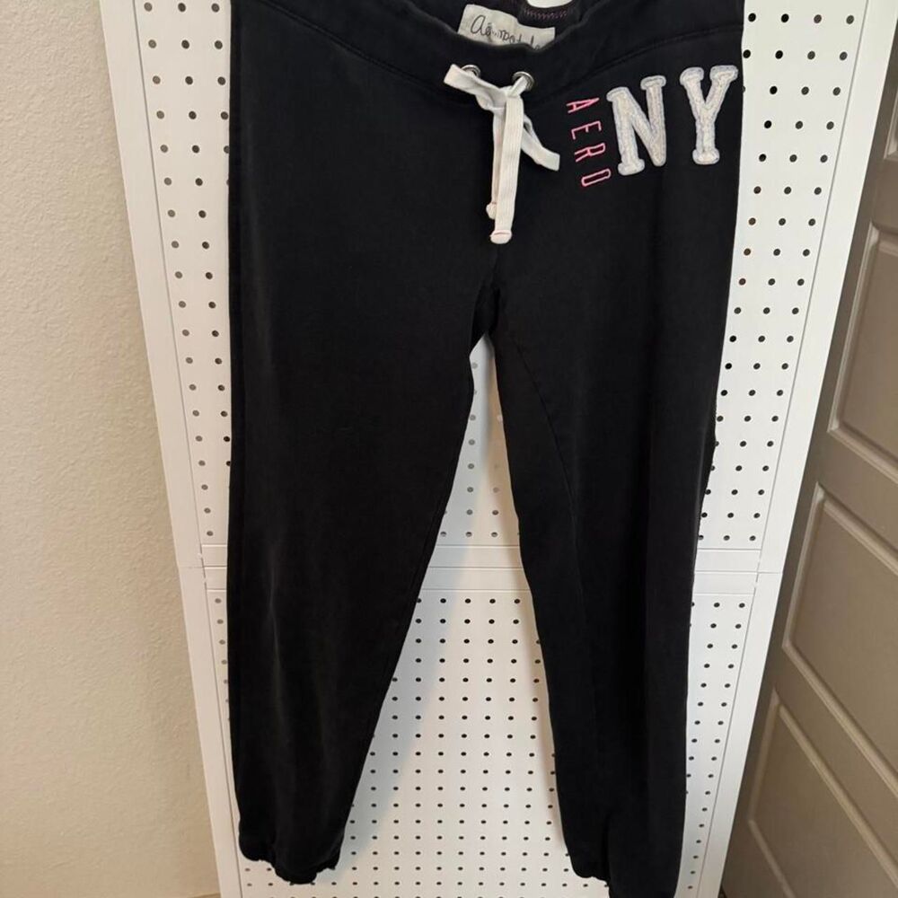 Y2K Aeropostale Aero NY Black Low Rise Sweatpants Pink Logo Size Small